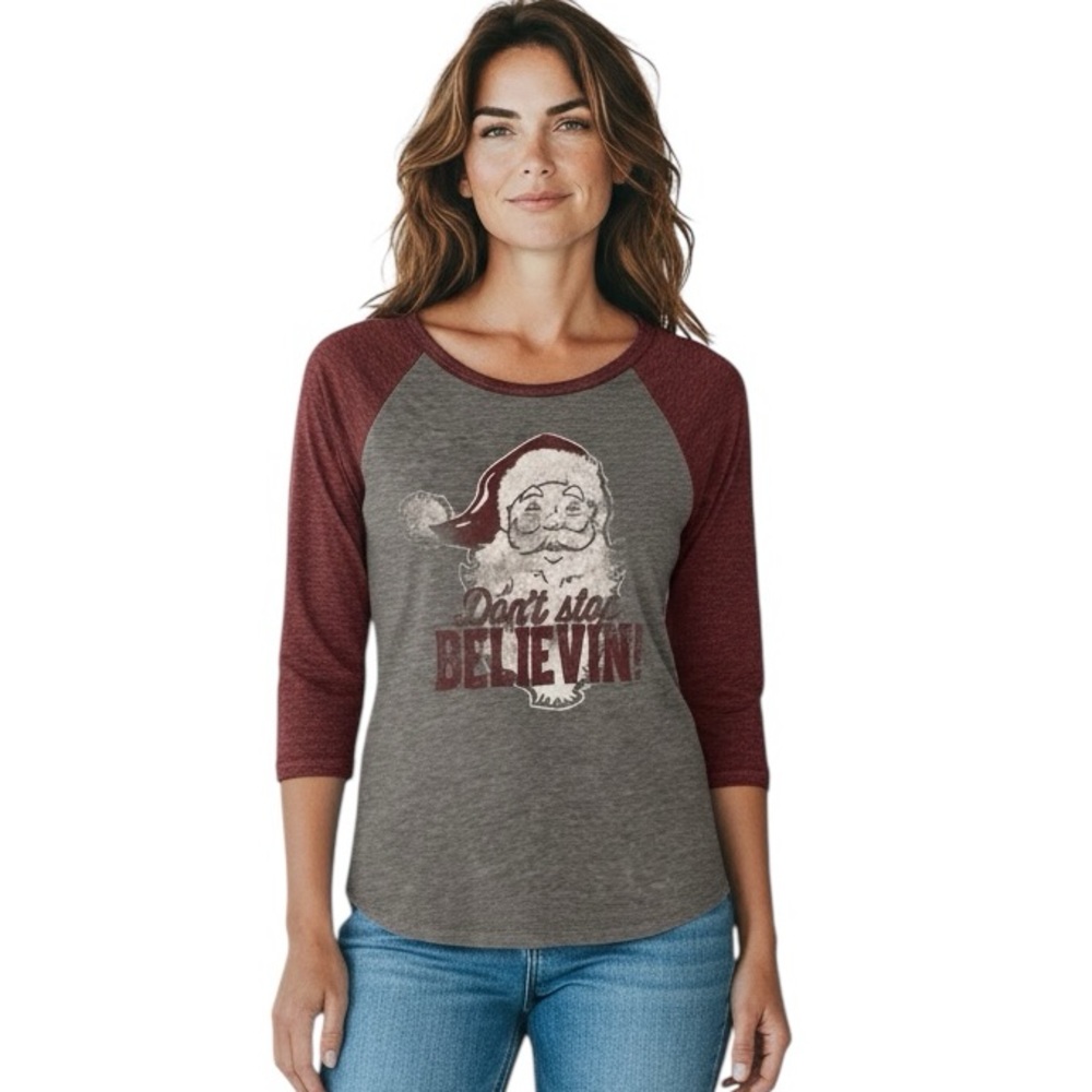 SANTA BURNOUT GRAPHIC GREY TEE SHIRT MAROON LONG SLEEVE TOP XS